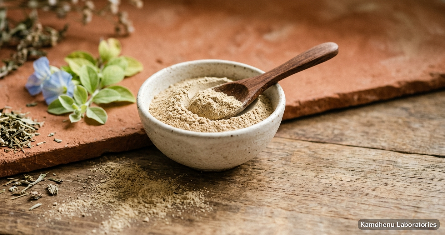 Ayurvedic powder — Shankh Pushpi Powder, photographed in a wellness setting