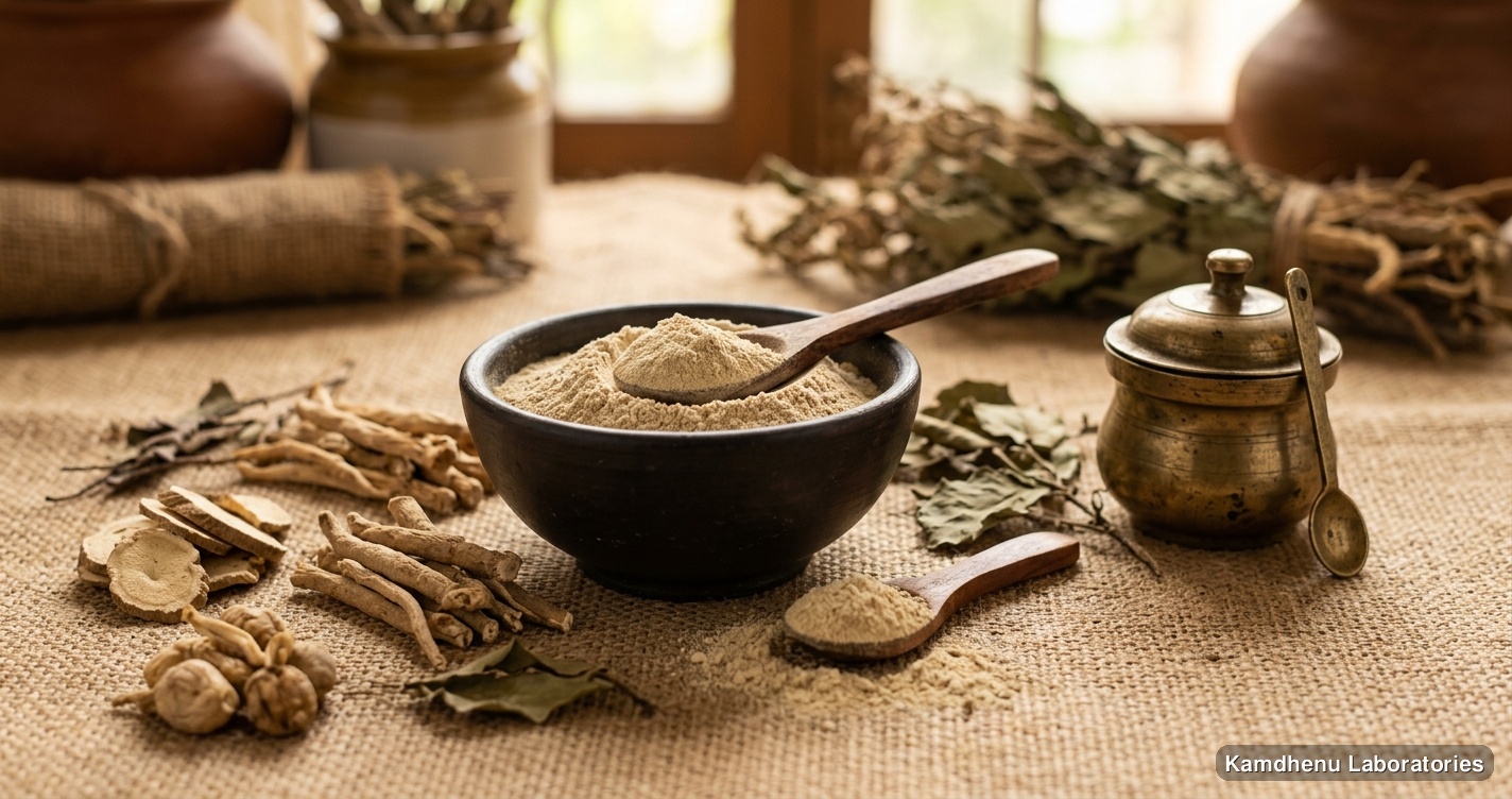 Ayurvedic powder — Shatavaryadi Churna | (250 g) featuring ashwagandha, shatavari, safed musli, photographed in a wellness setting