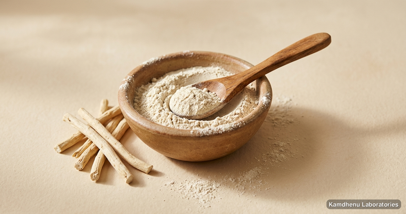 Ayurvedic powder — Shatawari (Swet) Powder featuring shatavari, photographed in a wellness setting