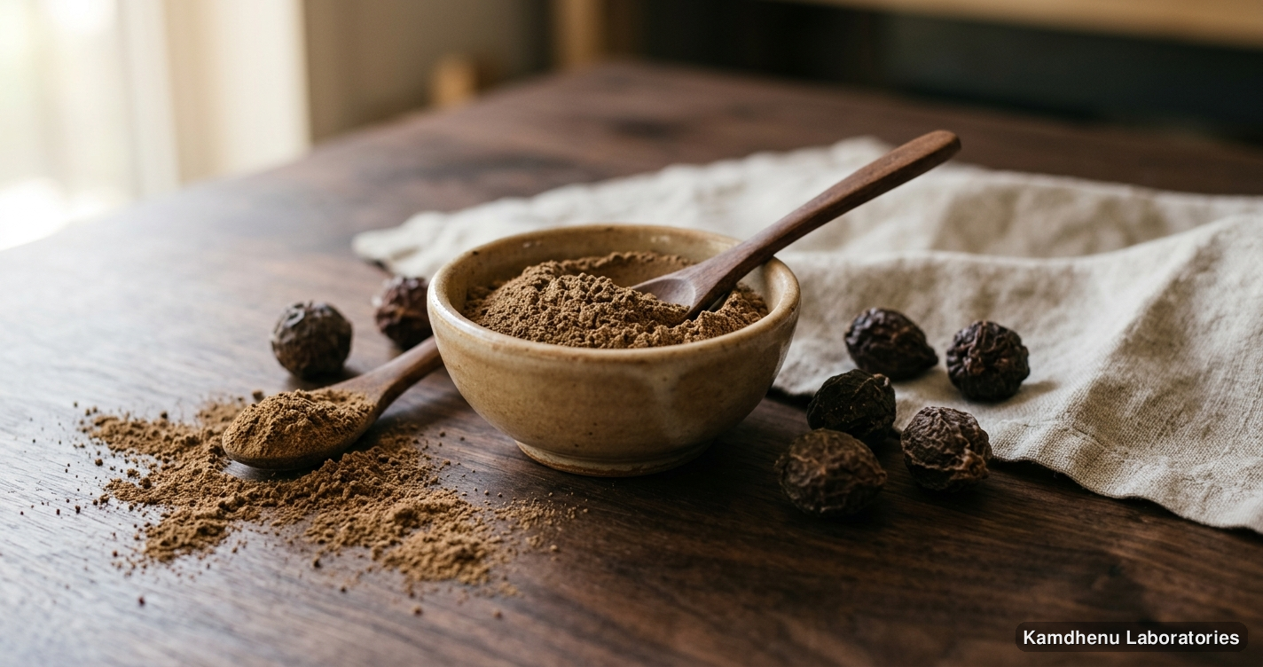 Ayurvedic powder — Shikakai Powder featuring amla, photographed in a wellness setting