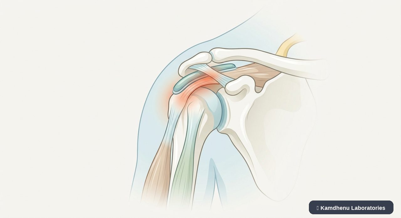 Editorial illustration representing Shoulder impingement for the Kamdhenu Laboratories educational wellness blog.