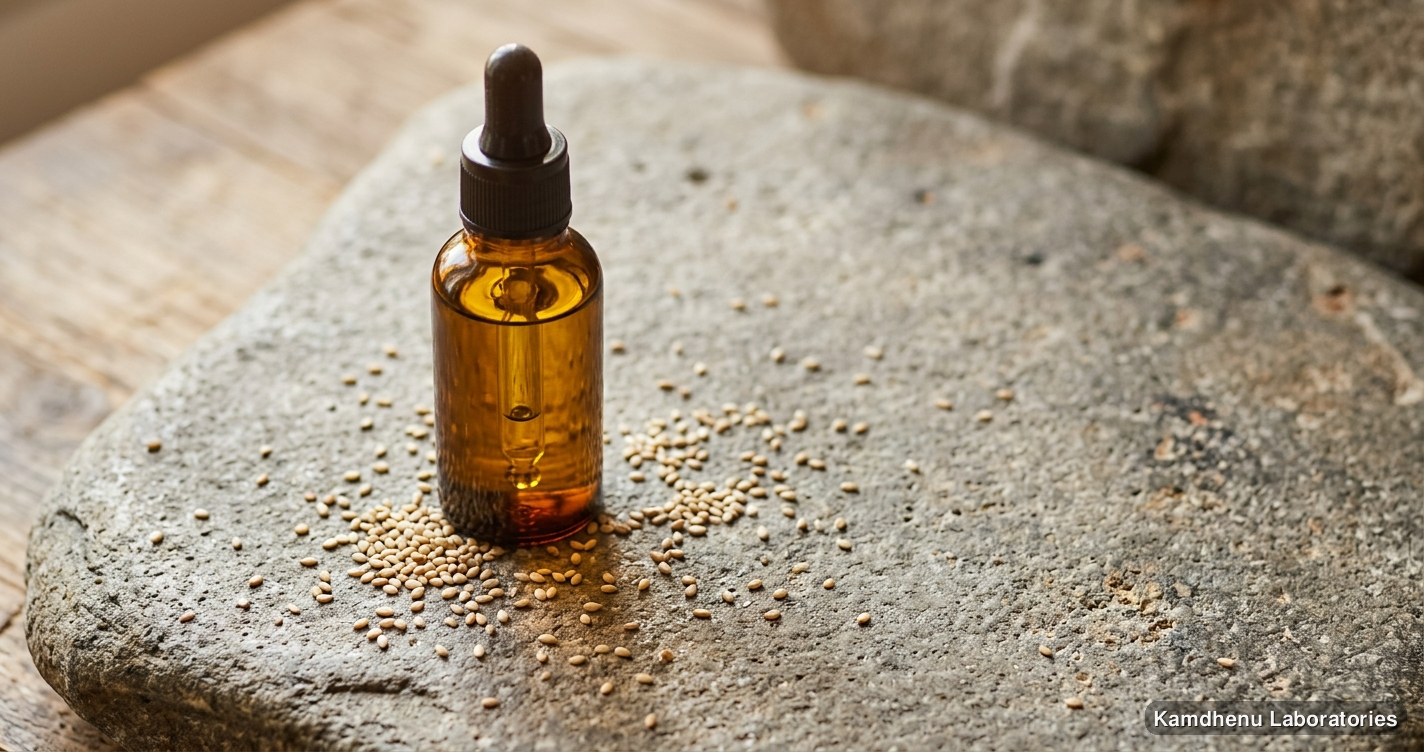 Ayurvedic oil — Shri Gopal Taila | 30 ml featuring til, photographed in a wellness setting