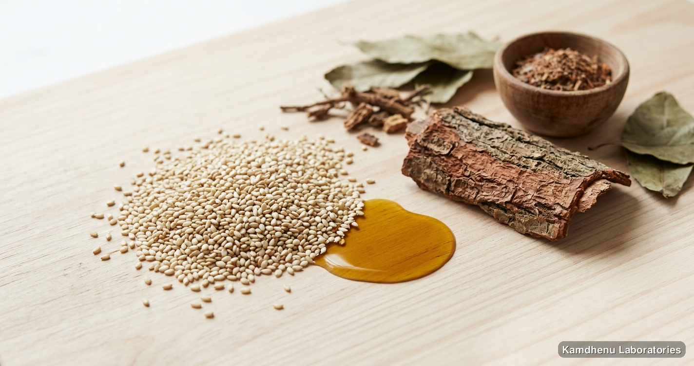 Shriparni Taila | 30 ml — Ayurvedic oil containing til. Clean product photograph on a soft light background.