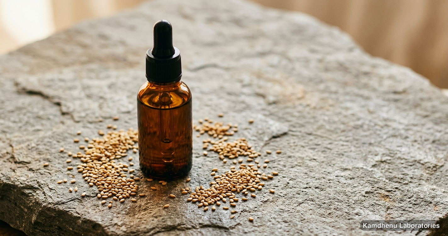 Ayurvedic oil — Shriparni Taila | 30 ml featuring til, photographed in a wellness setting