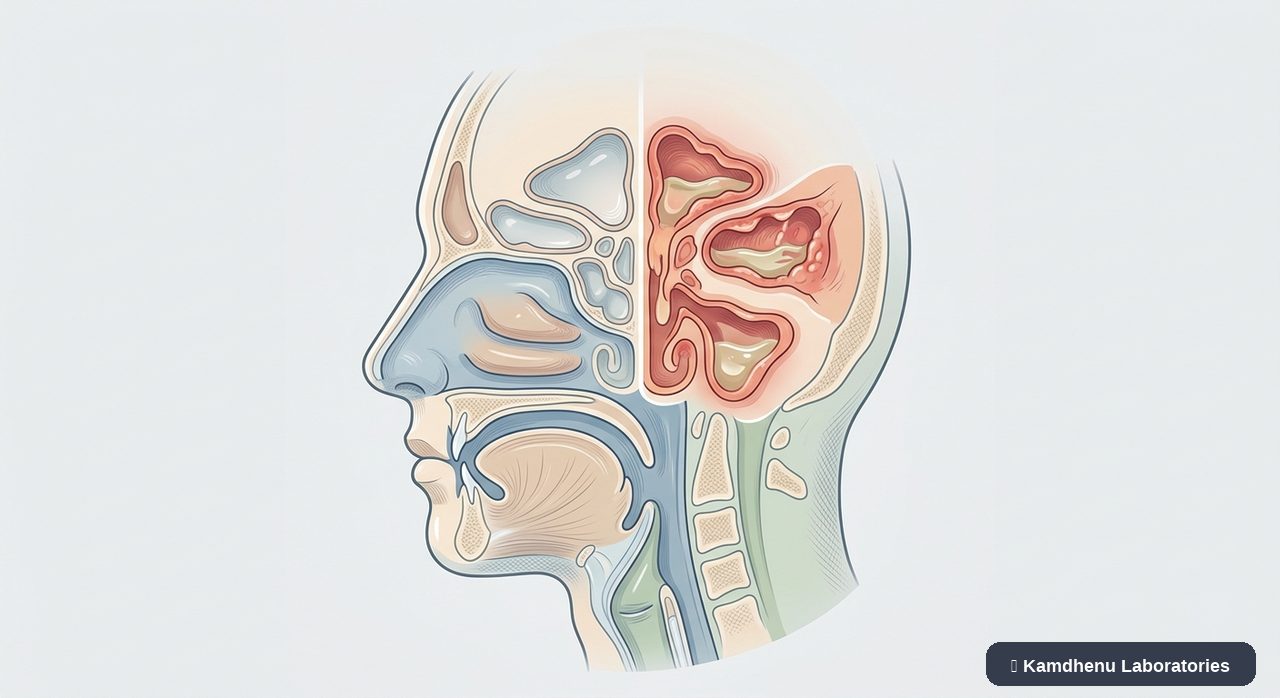 Editorial illustration representing Sinusitis for the Kamdhenu Laboratories educational wellness blog.