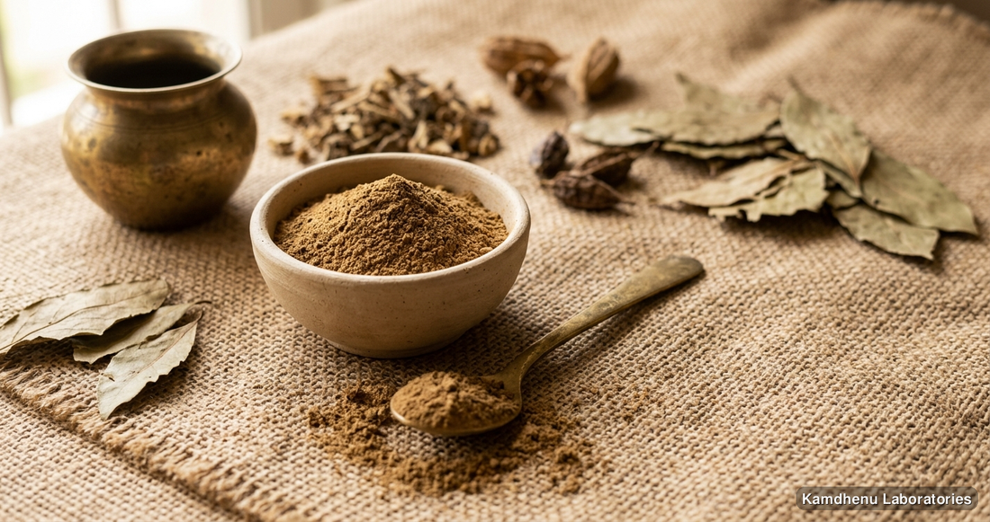 Ayurvedic powder — Sitopiladhi Churna, photographed in a wellness setting
