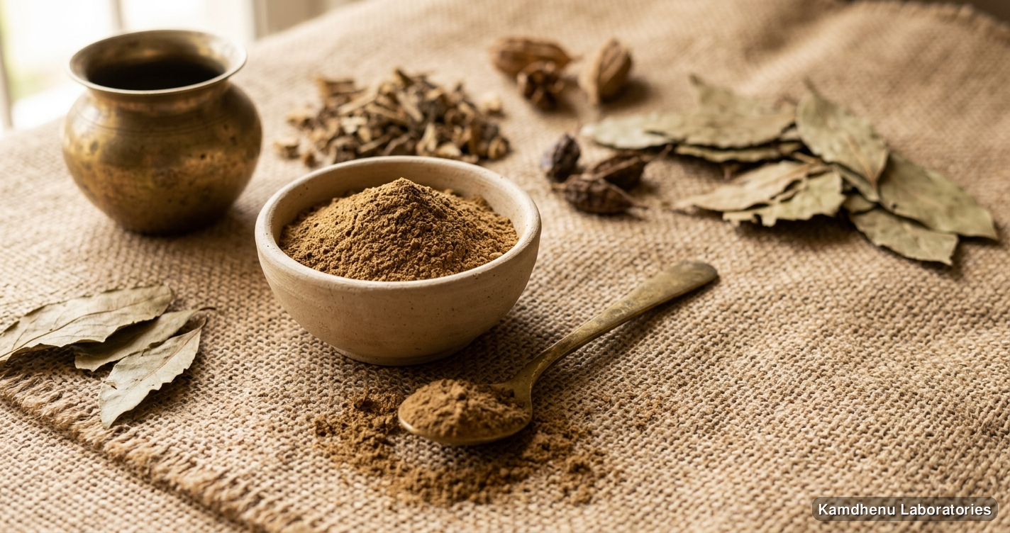 Ayurvedic powder — Sitopiladhi Churna, photographed in a wellness setting