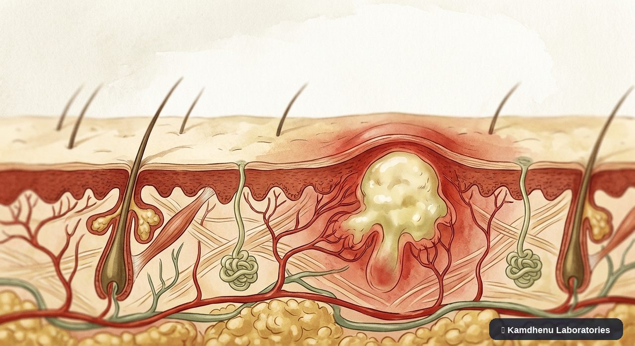 Editorial illustration representing Skin abscess for the Kamdhenu Laboratories educational wellness blog.