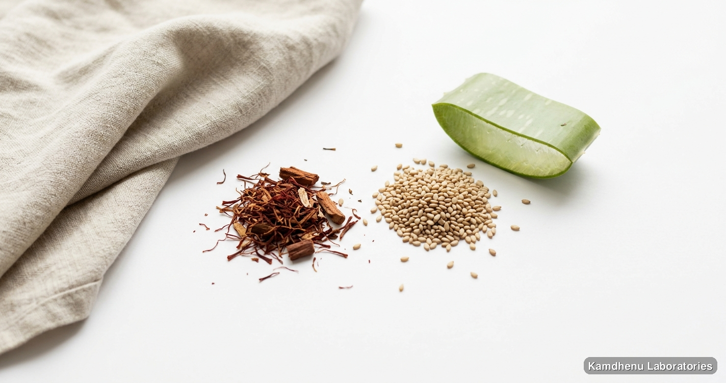 Skin Glowing & Beauty Enhancement Kit (Kaolin 200 g + Kumkumadi Taila 30 ml) — Ayurvedic oil containing kumkumadi, til, aloe vera. Clean product photograph on a