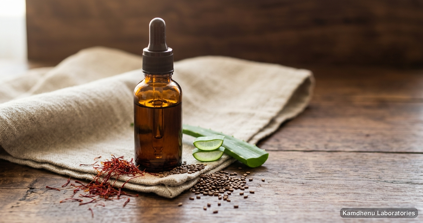 Ayurvedic oil — Skin Glowing & Beauty Enhancement Kit (Kaolin 200 g + Kumkumadi Taila 30 ml) featuring kumkumadi, til, aloe vera, photographed in a wellness set