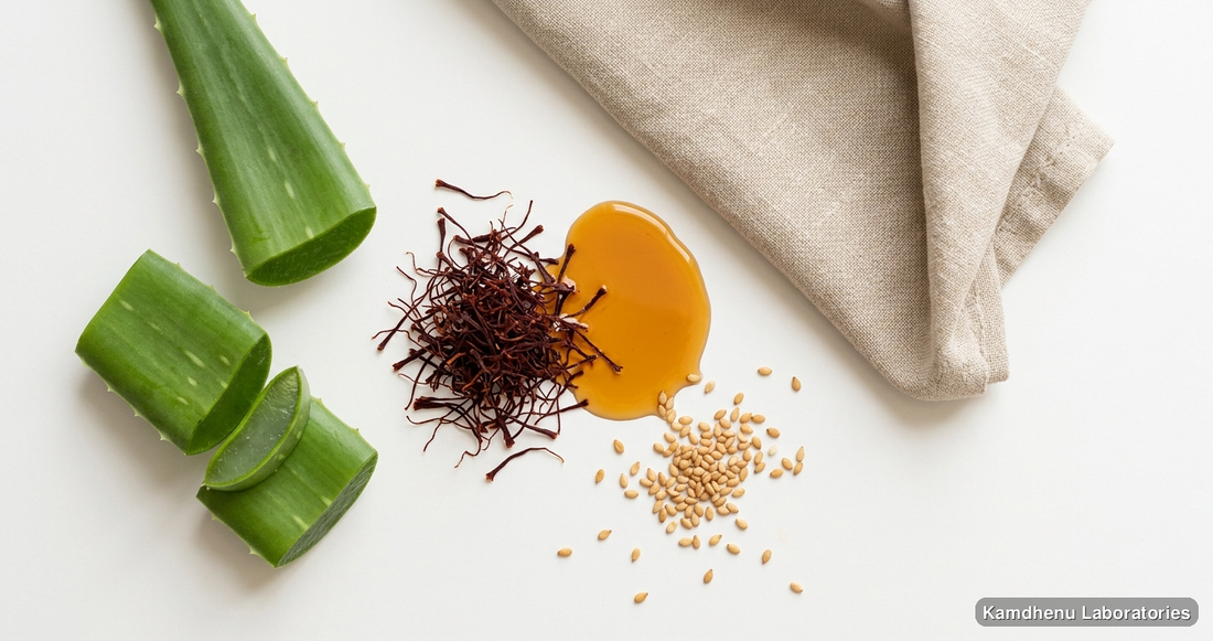 Skin Glowing Scrub Kit (Santra Chilka 100 g + Kumkumadi Oil 30 ml + Kaolin Clay 200 g) — Ayurvedic oil containing kumkumadi, til, aloe vera. Clean product photo