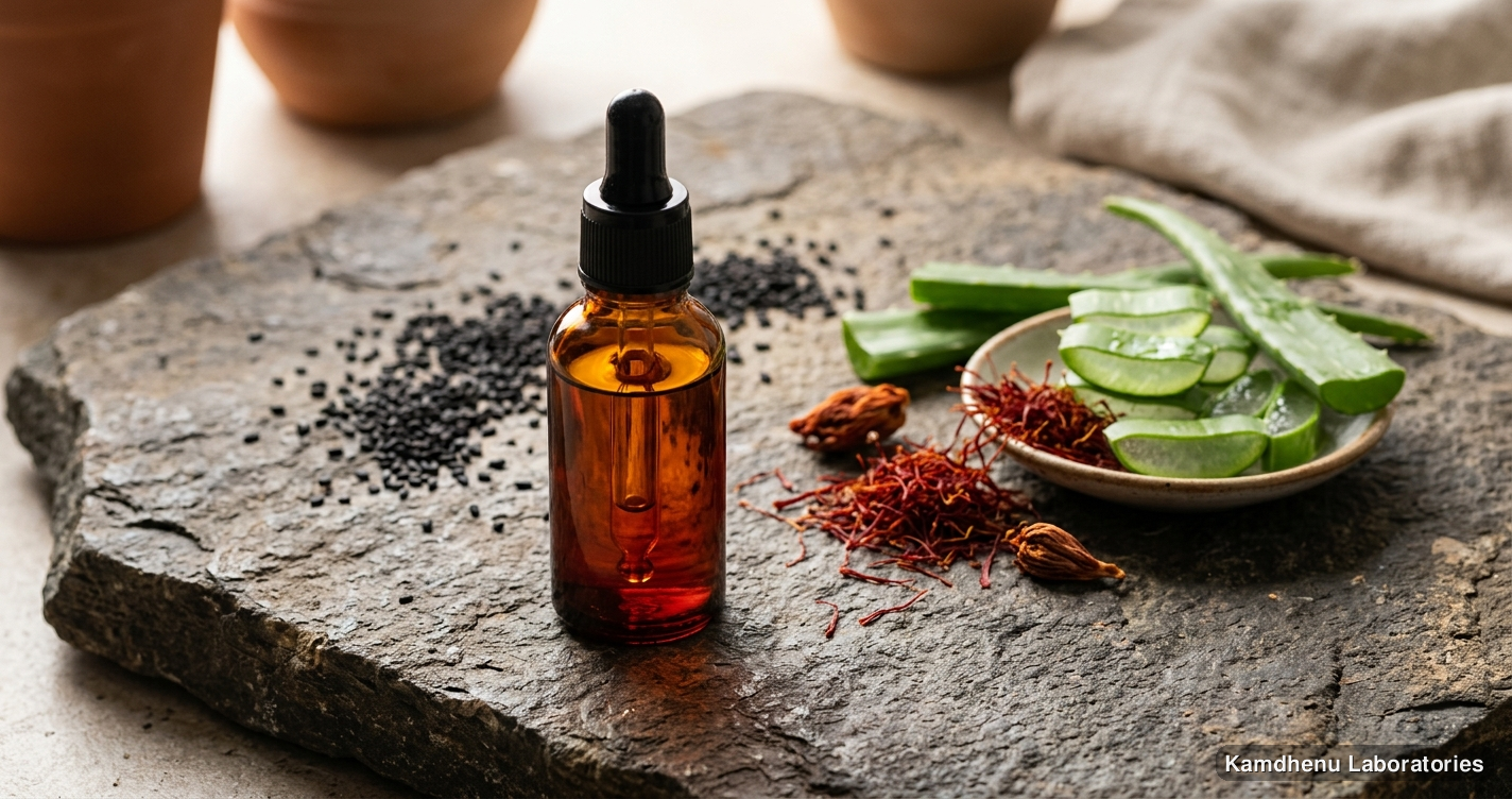 Ayurvedic oil — Skin Glowing Scrub Kit (Santra Chilka 100 g + Kumkumadi Oil 30 ml + Kaolin Clay 200 g) featuring kumkumadi, til, aloe vera, photographed in a we