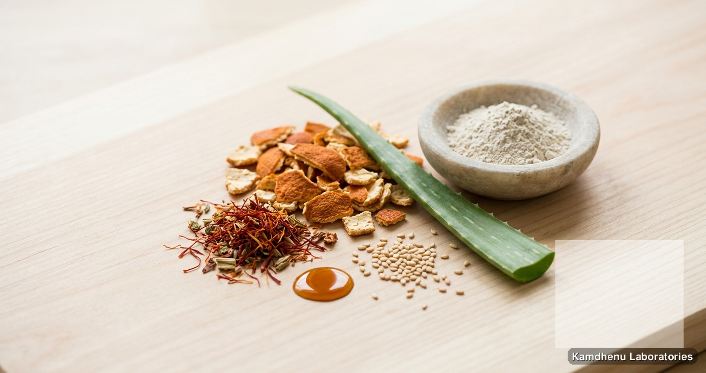 Skin Glowing Scrub Kit (Santra Chilka 250 g + Kumkumadi Oil 50 ml + Kaolin Clay 200 g) — Ayurvedic oil containing kumkumadi, til, aloe vera. Clean product photo