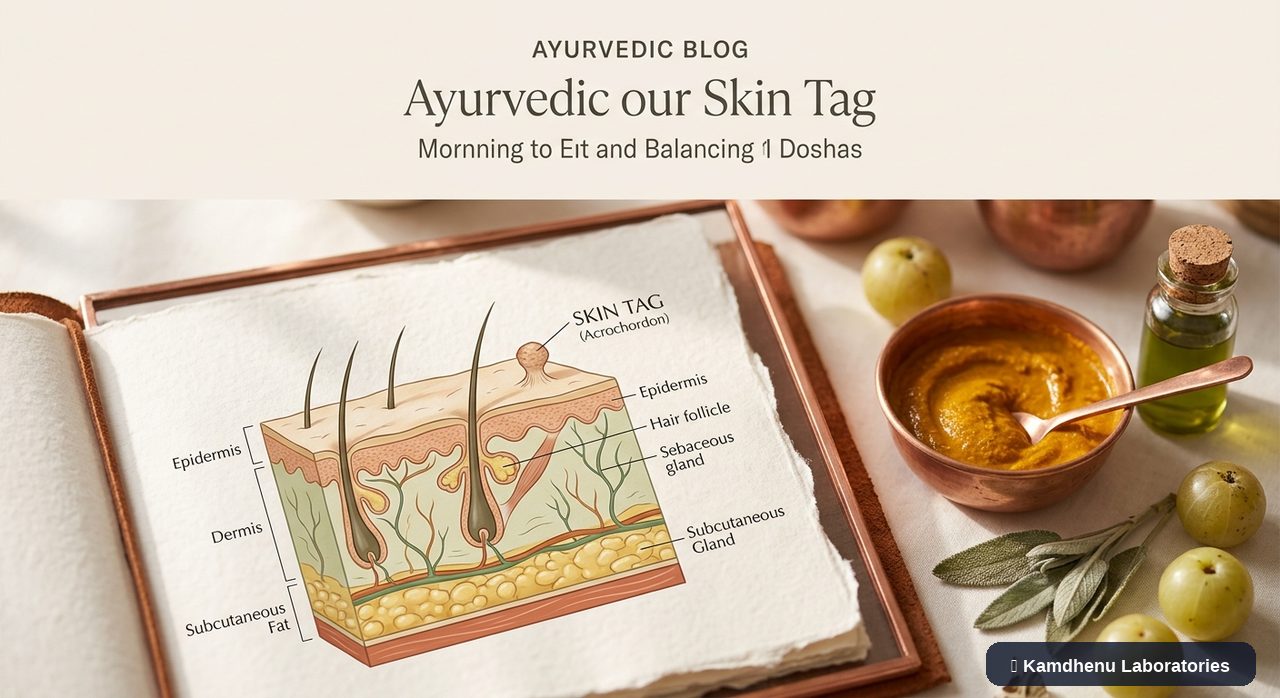 Editorial illustration representing Skin tags for the Kamdhenu Laboratories educational wellness blog.