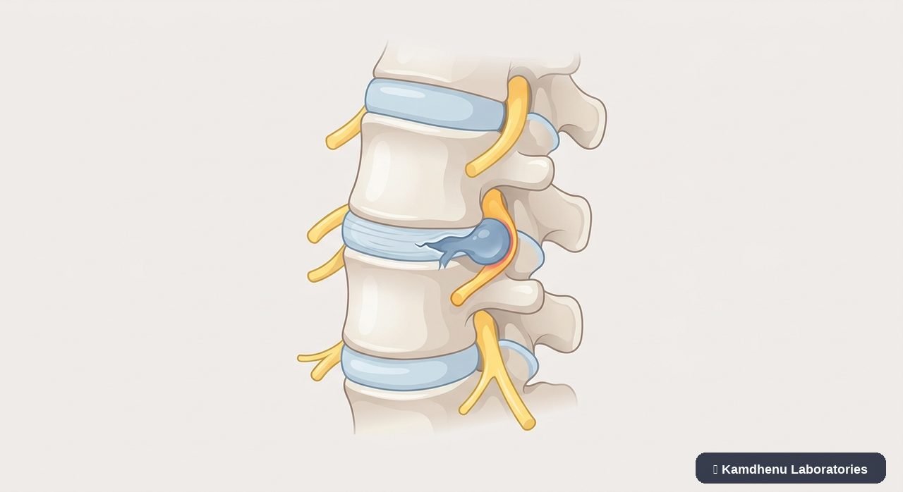 Editorial illustration representing Slipped disc (Herniated disc) for the Kamdhenu Laboratories educational wellness blog.