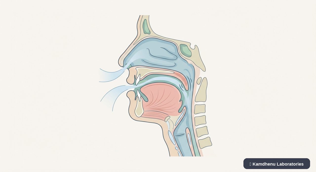 Editorial illustration representing Snoring related to oral airway for the Kamdhenu Laboratories educational wellness blog.