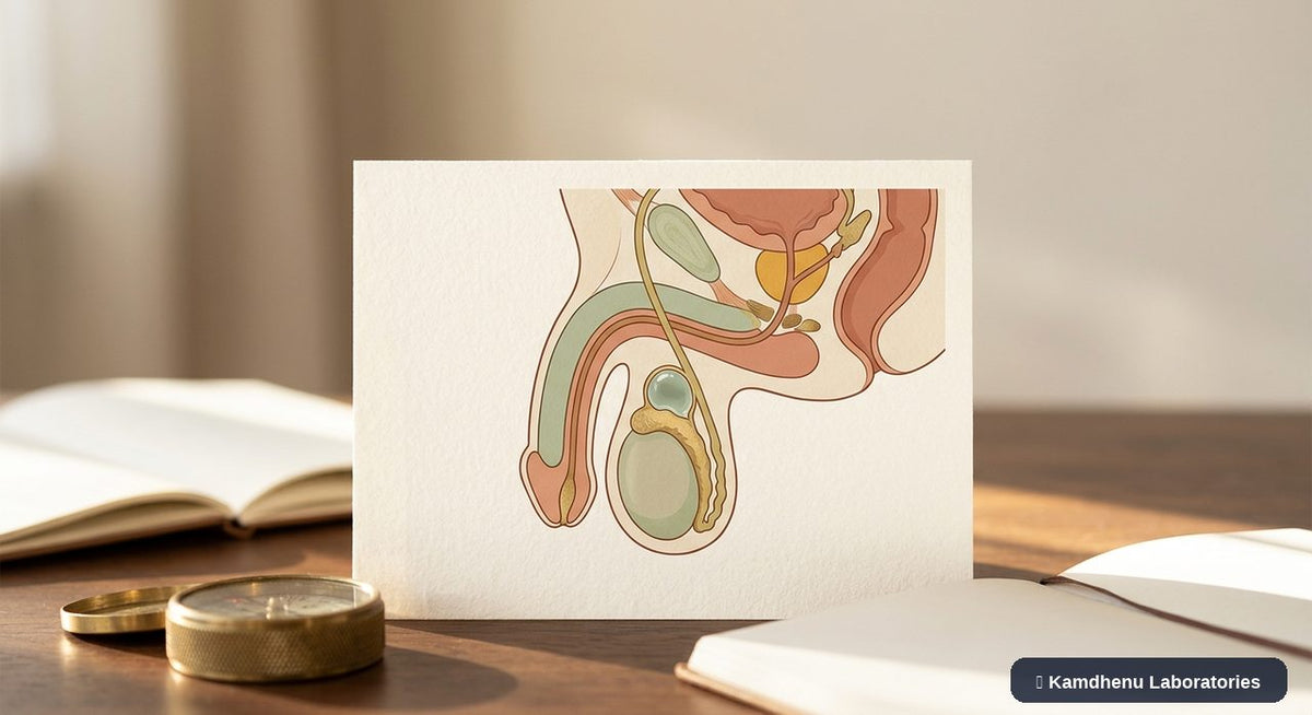 Editorial illustration representing Spermatocele for the Kamdhenu Laboratories educational wellness blog.