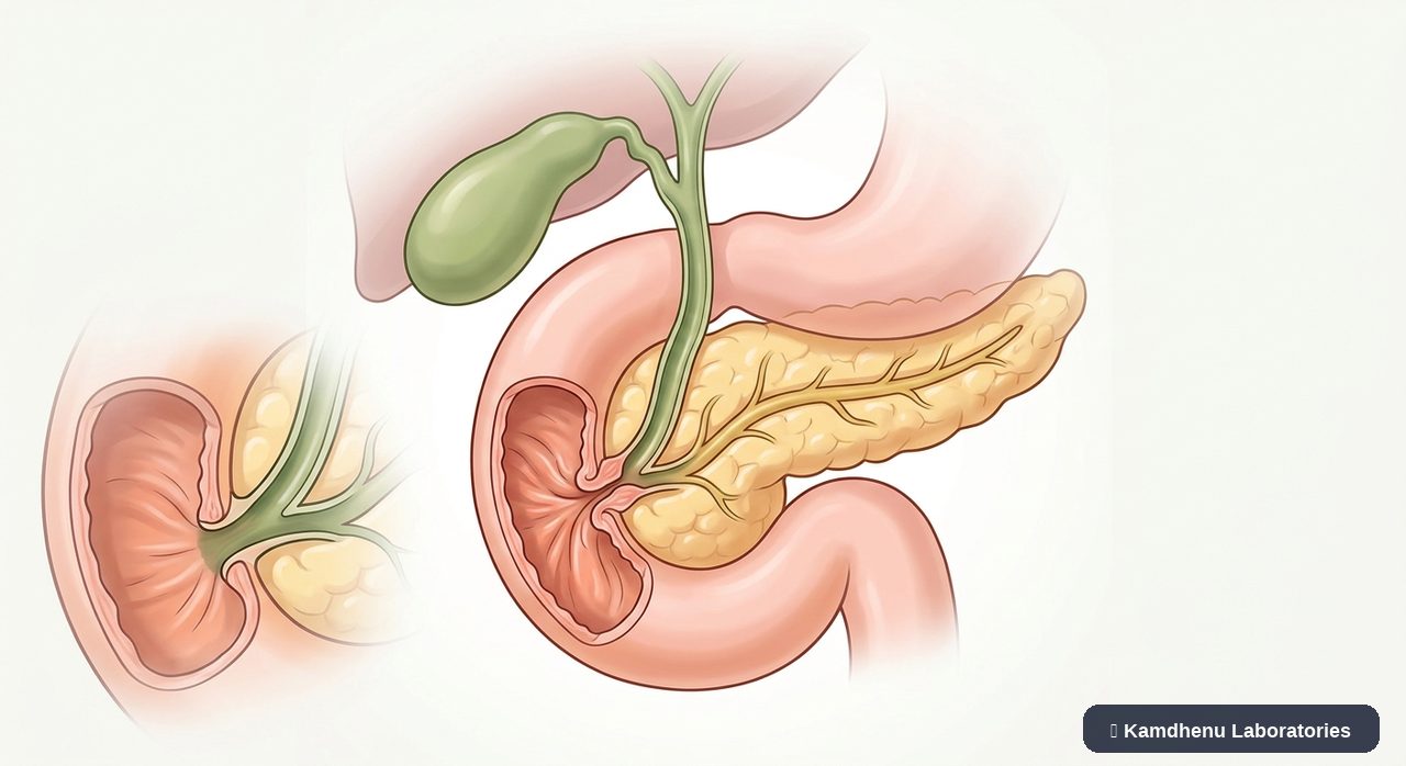 Editorial illustration representing Sphincter of Oddi dysfunction for the Kamdhenu Laboratories educational wellness blog.