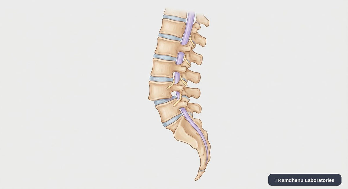 Editorial illustration representing Spondylolisthesis for the Kamdhenu Laboratories educational wellness blog.