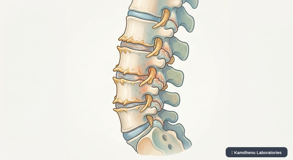 Editorial illustration representing Spondylosis for the Kamdhenu Laboratories educational wellness blog.