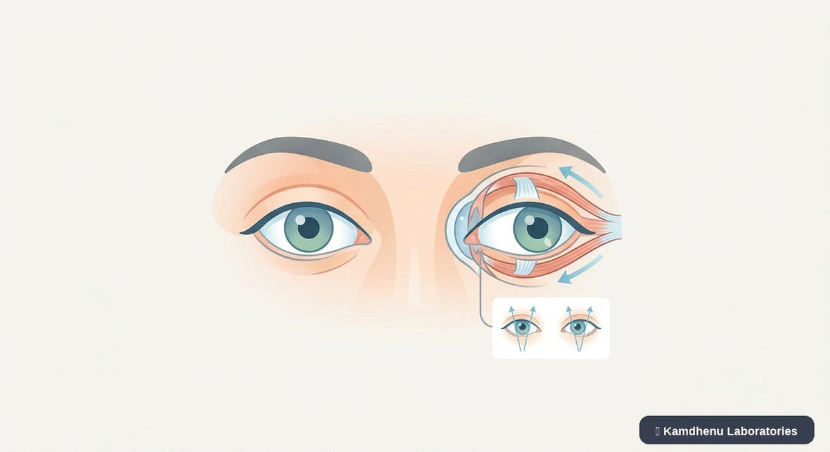 Editorial illustration representing Squint (Strabismus) for the Kamdhenu Laboratories educational wellness blog.