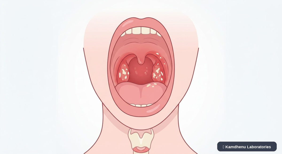 Editorial illustration representing Strep throat for the Kamdhenu Laboratories educational wellness blog.