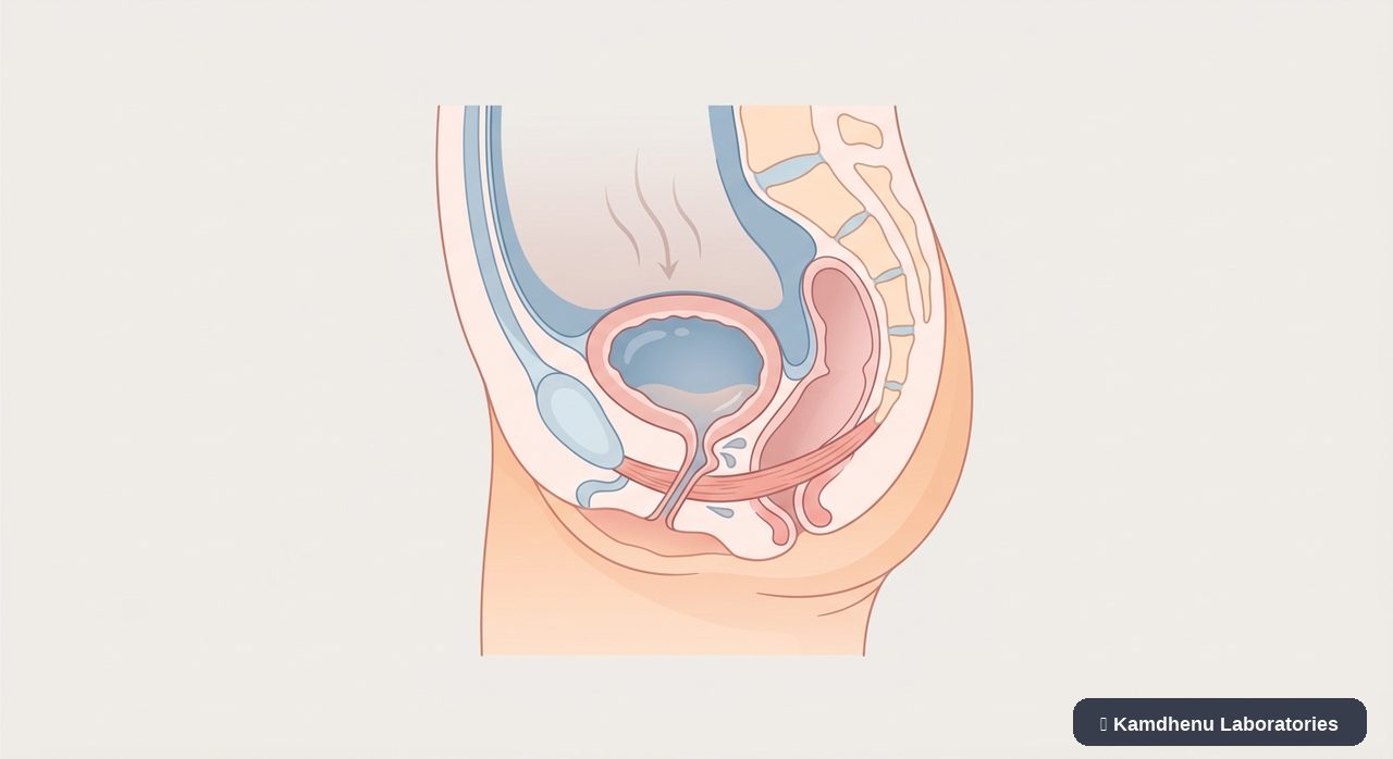 Editorial illustration representing Stress urinary incontinence for the Kamdhenu Laboratories educational wellness blog.