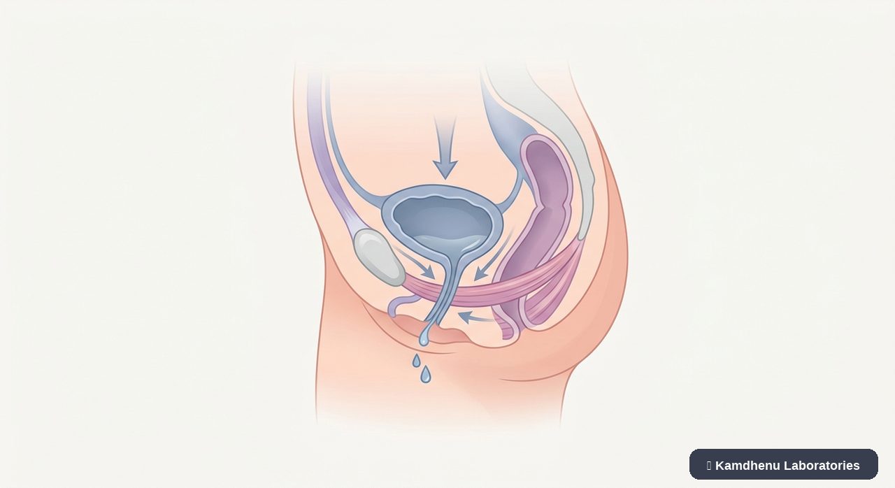Editorial illustration representing Stress urinary incontinence in women for the Kamdhenu Laboratories educational wellness blog.