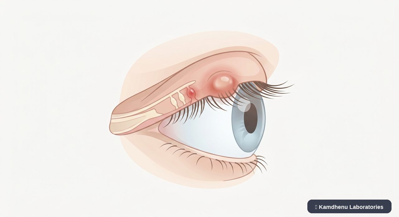 Editorial illustration representing Stye (Hordeolum) for the Kamdhenu Laboratories educational wellness blog.