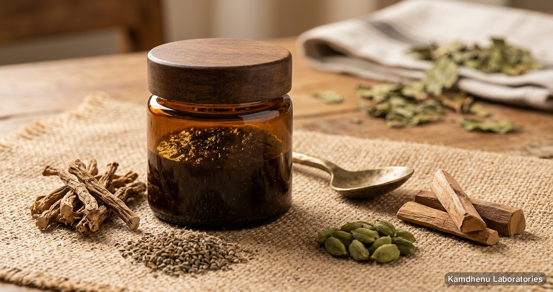 Ayurvedic product — Supari Pak | 200 g featuring shatavari, ajwain, chandan, photographed in a wellness setting