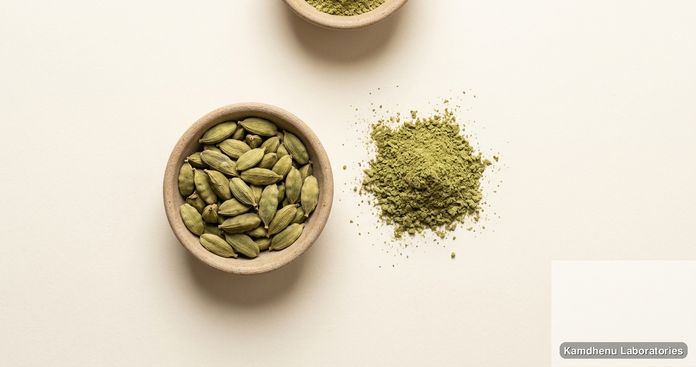Taruni Kusumakar Churna (250 g) — Ayurvedic powder containing elaichi. Clean product photograph on a soft light background.