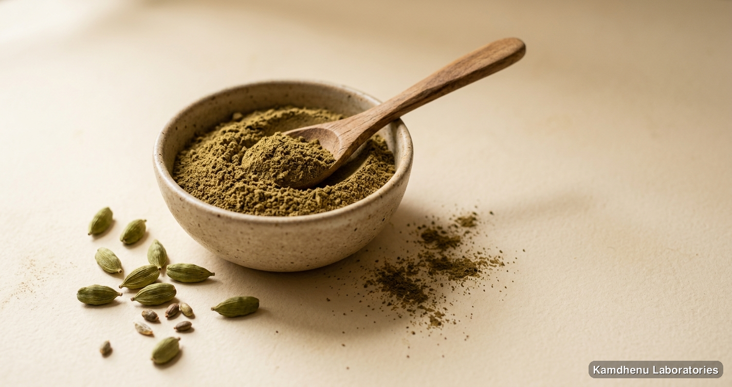 Ayurvedic powder — Taruni Kusumakar Churna (250 g) featuring elaichi, photographed in a wellness setting
