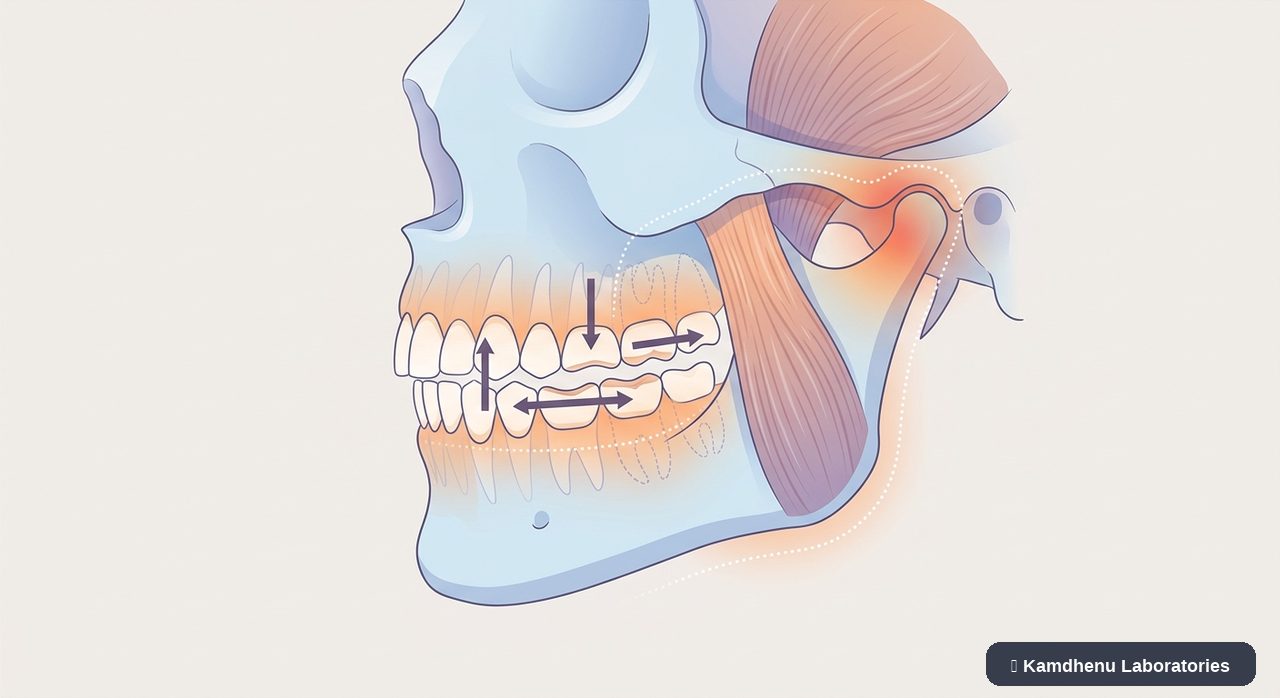 Editorial illustration representing Teeth grinding (Bruxism) for the Kamdhenu Laboratories educational wellness blog.