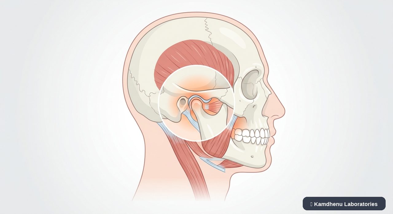 Editorial illustration representing Temporomandibular joint disorder for the Kamdhenu Laboratories educational wellness blog.