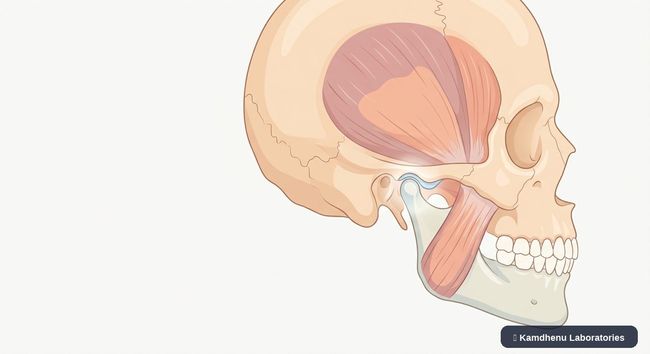 Editorial illustration representing Temporomandibular joint disorder (TMJ) for the Kamdhenu Laboratories educational wellness blog.