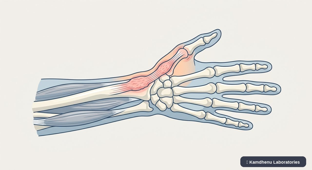 Editorial illustration representing Tendinitis for the Kamdhenu Laboratories educational wellness blog.