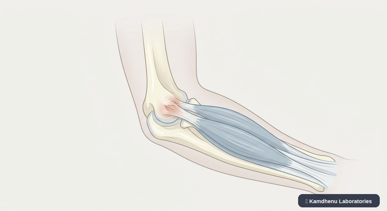 Editorial illustration representing Tennis elbow for the Kamdhenu Laboratories educational wellness blog.