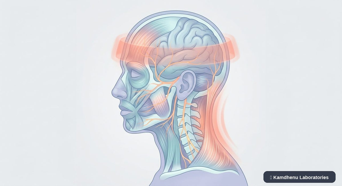 Editorial illustration representing Tension headache for the Kamdhenu Laboratories educational wellness blog.