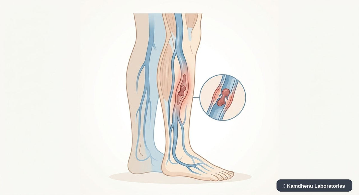 Editorial illustration representing Thrombophlebitis for the Kamdhenu Laboratories educational wellness blog.