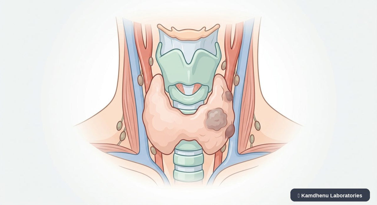 Editorial illustration representing Thyroid cancer for the Kamdhenu Laboratories educational wellness blog.
