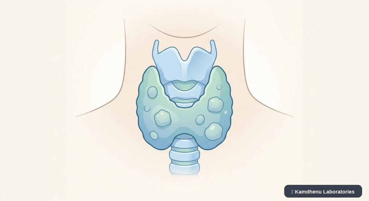 Editorial illustration representing Thyroid nodules for the Kamdhenu Laboratories educational wellness blog.
