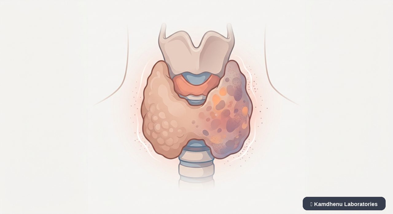 Editorial illustration representing Thyroiditis for the Kamdhenu Laboratories educational wellness blog.