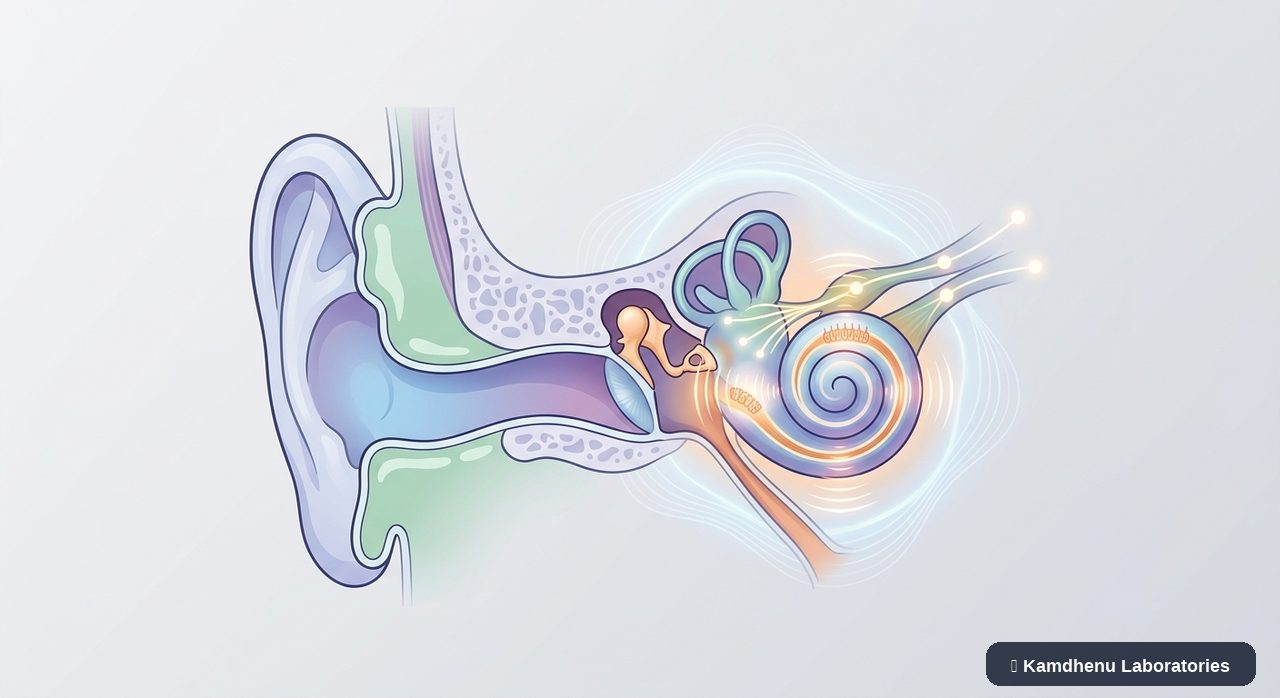 Editorial illustration representing Tinnitus for the Kamdhenu Laboratories educational wellness blog.