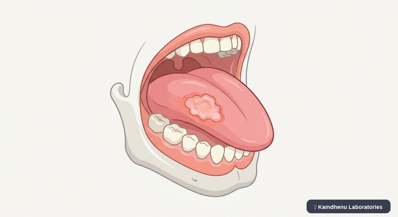 Editorial illustration representing Tongue cancer for the Kamdhenu Laboratories educational wellness blog.