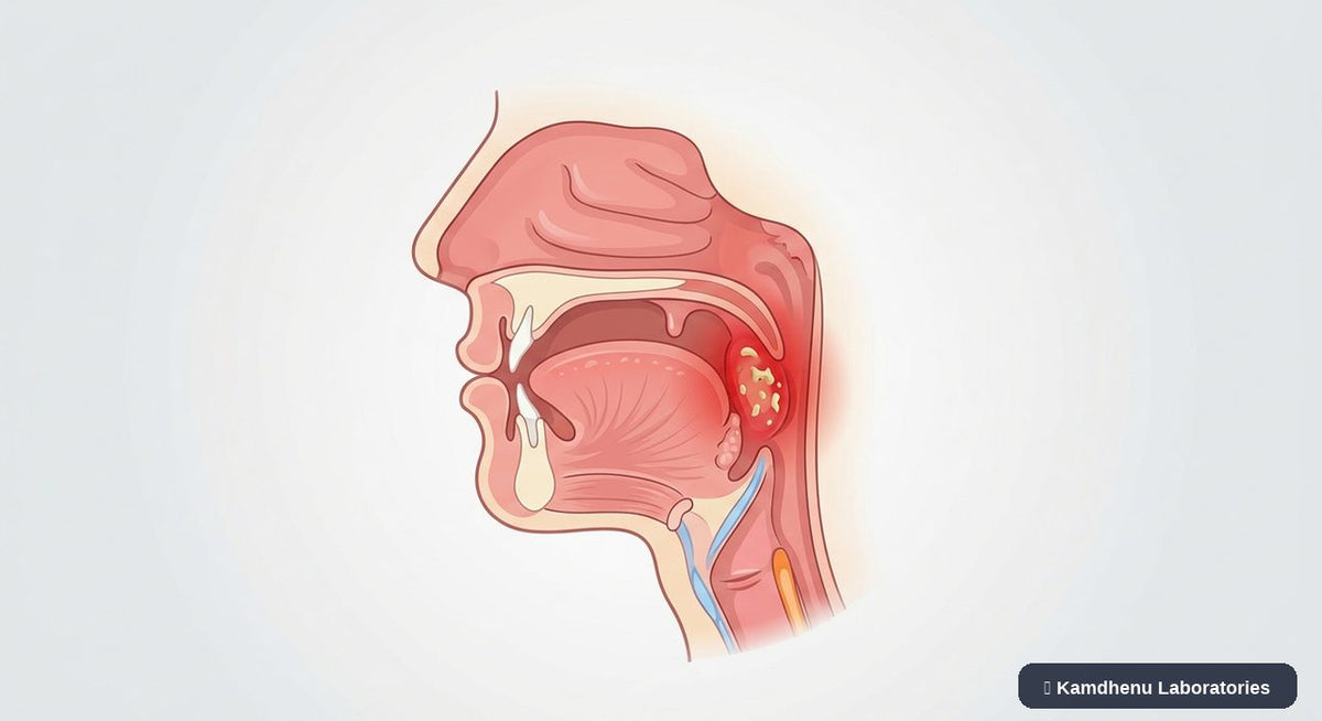 Editorial illustration representing Tonsillitis for the Kamdhenu Laboratories educational wellness blog.