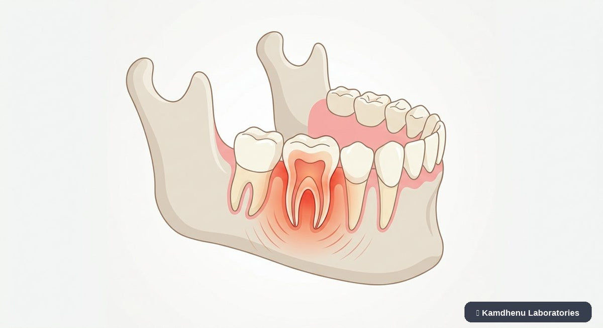 Editorial illustration representing Toothache for the Kamdhenu Laboratories educational wellness blog.