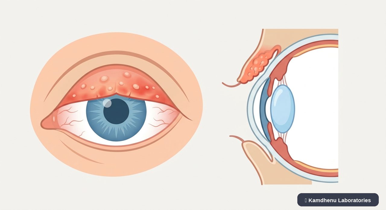 Editorial illustration representing Trachoma for the Kamdhenu Laboratories educational wellness blog.