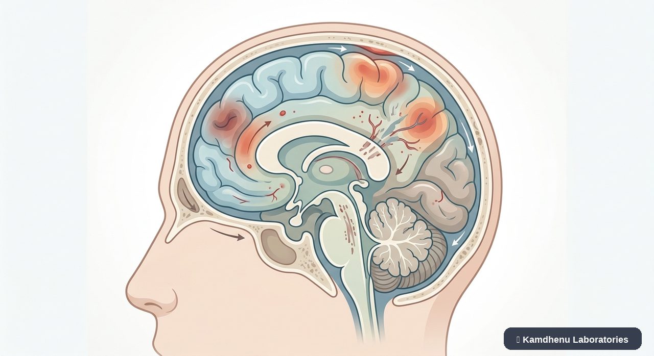 Editorial illustration representing Traumatic brain injury for the Kamdhenu Laboratories educational wellness blog.