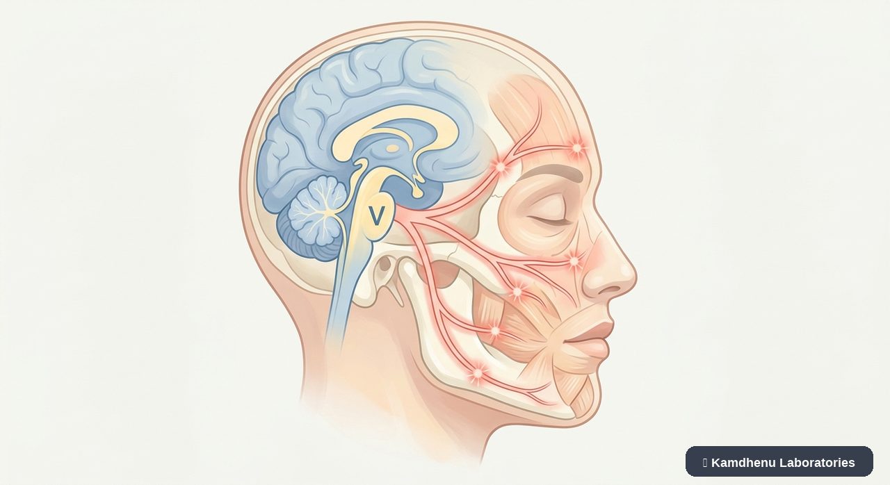 Editorial illustration representing Trigeminal neuralgia for the Kamdhenu Laboratories educational wellness blog.