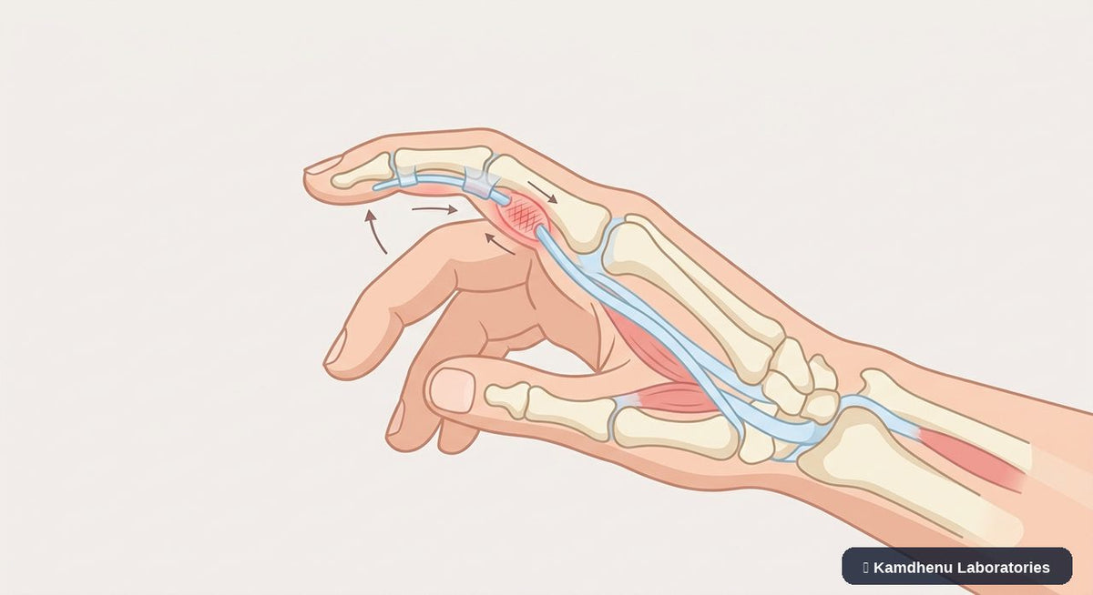 Editorial illustration representing Trigger finger for the Kamdhenu Laboratories educational wellness blog.